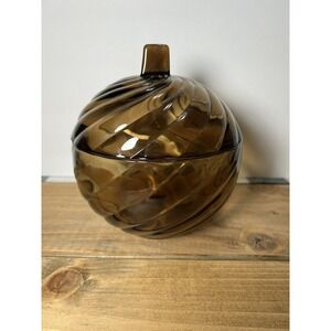 Federal Glass Amber Brown Vintage Swirl Bowl With Lid Stamped RARE HTF